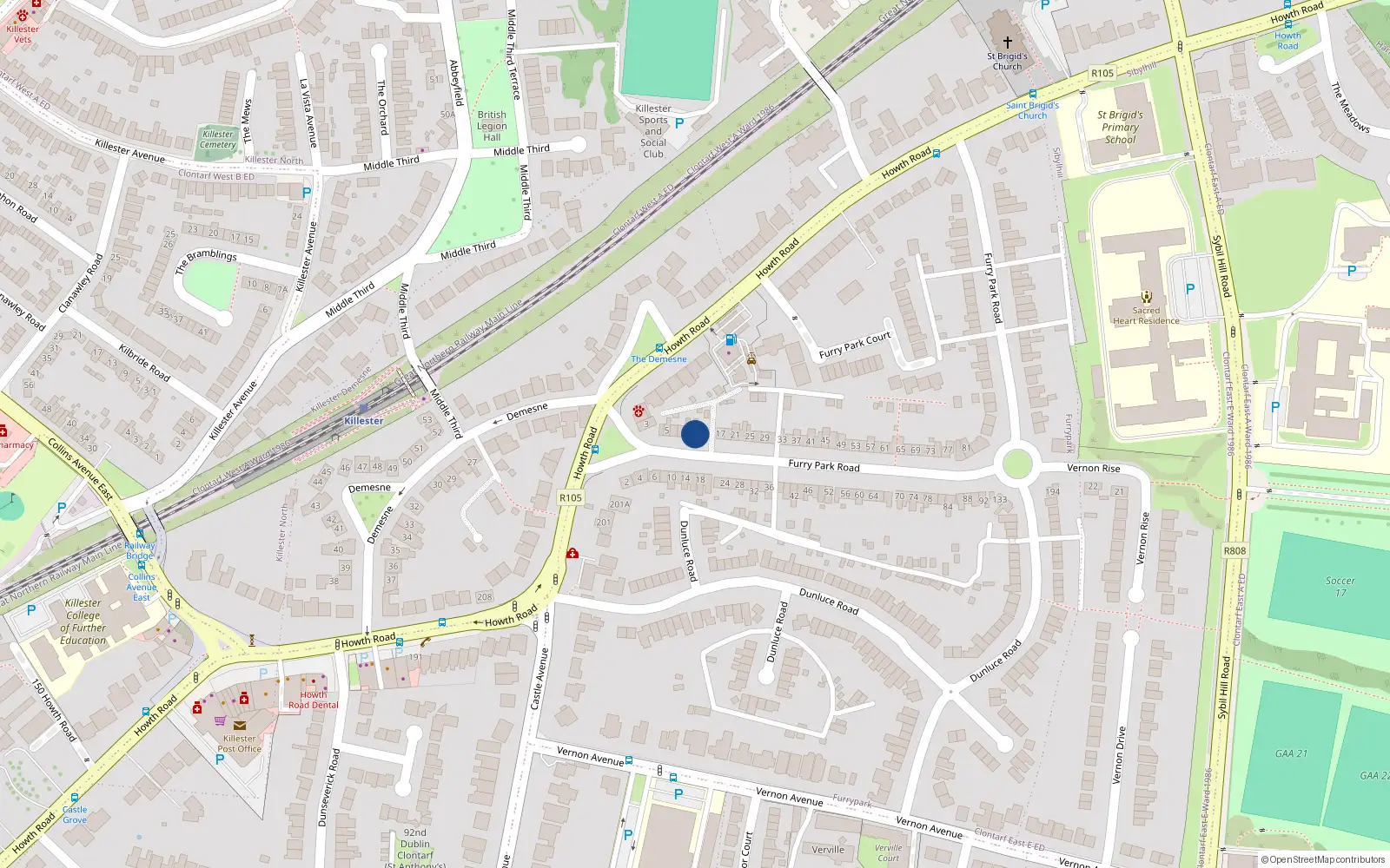 Overhead map showing the location of 13 Furry Park Road, Killester, Dublin 5