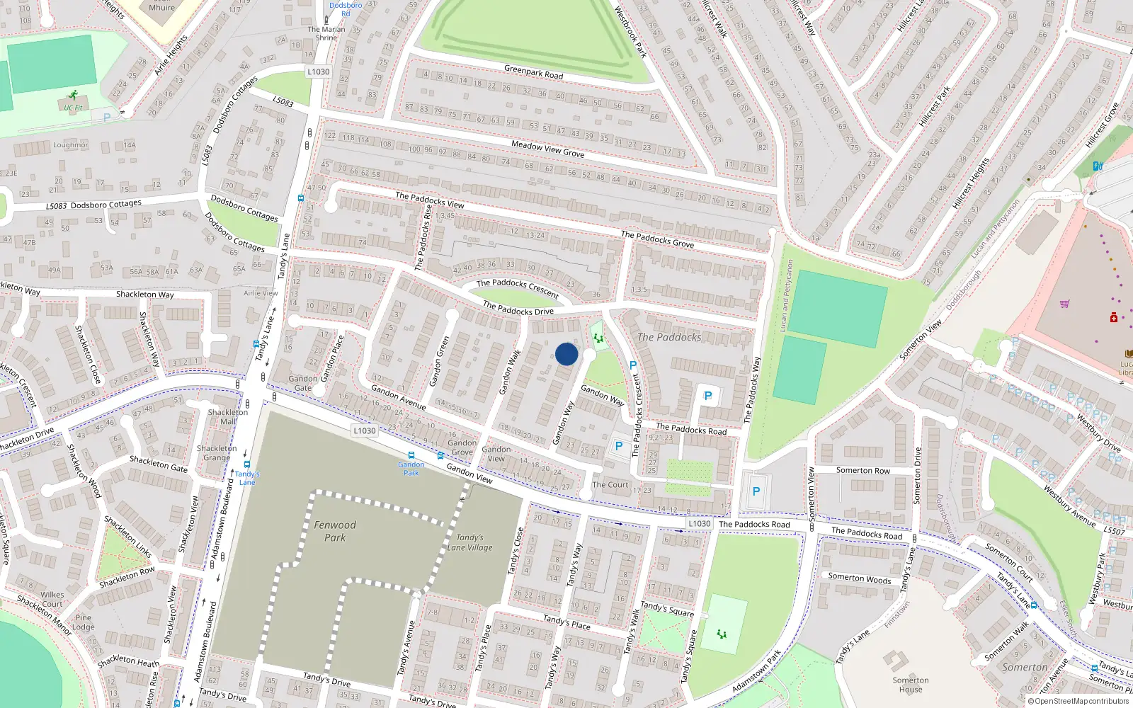 Overhead map showing the location of 13 Gandon Way, Lucan
