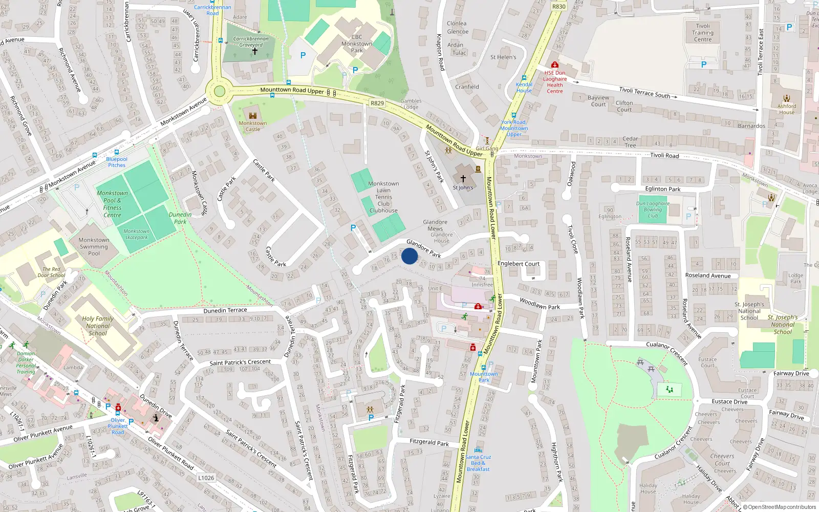 Overhead map showing the location of 13 Glandore Park, Lower Mounttown Road, Dun Laoghaire