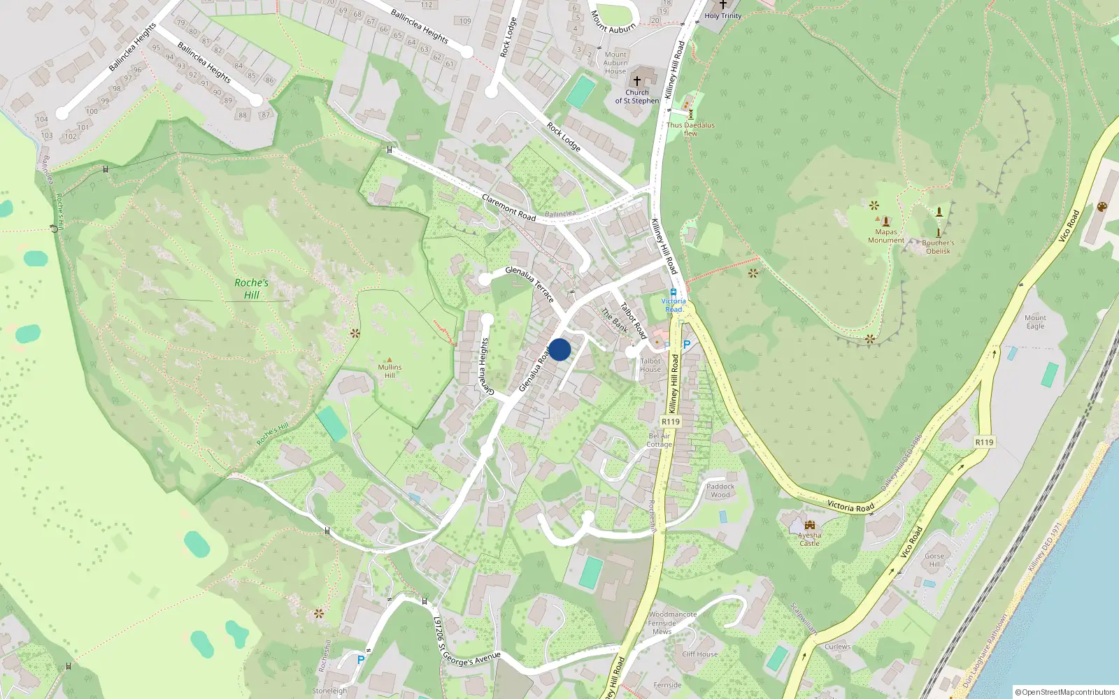Overhead map showing the location of 13 Glenalua Terrace, Killiney, Co Dublin