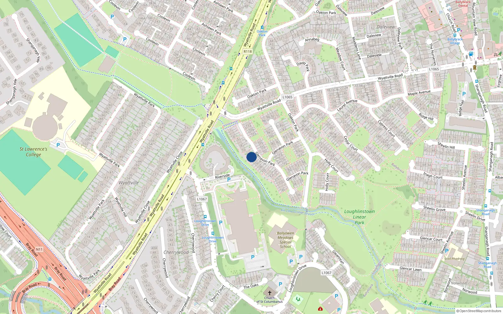 Overhead map showing the location of 13 Glenavon Park, Ballybrack