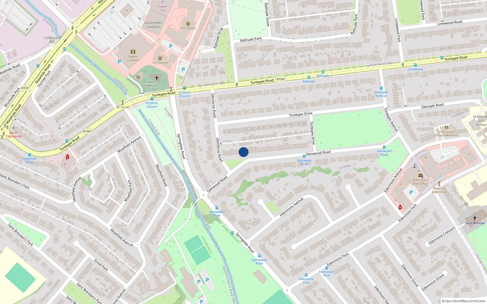 Overhead map showing the location of 13 Glenwood Road, Dublin