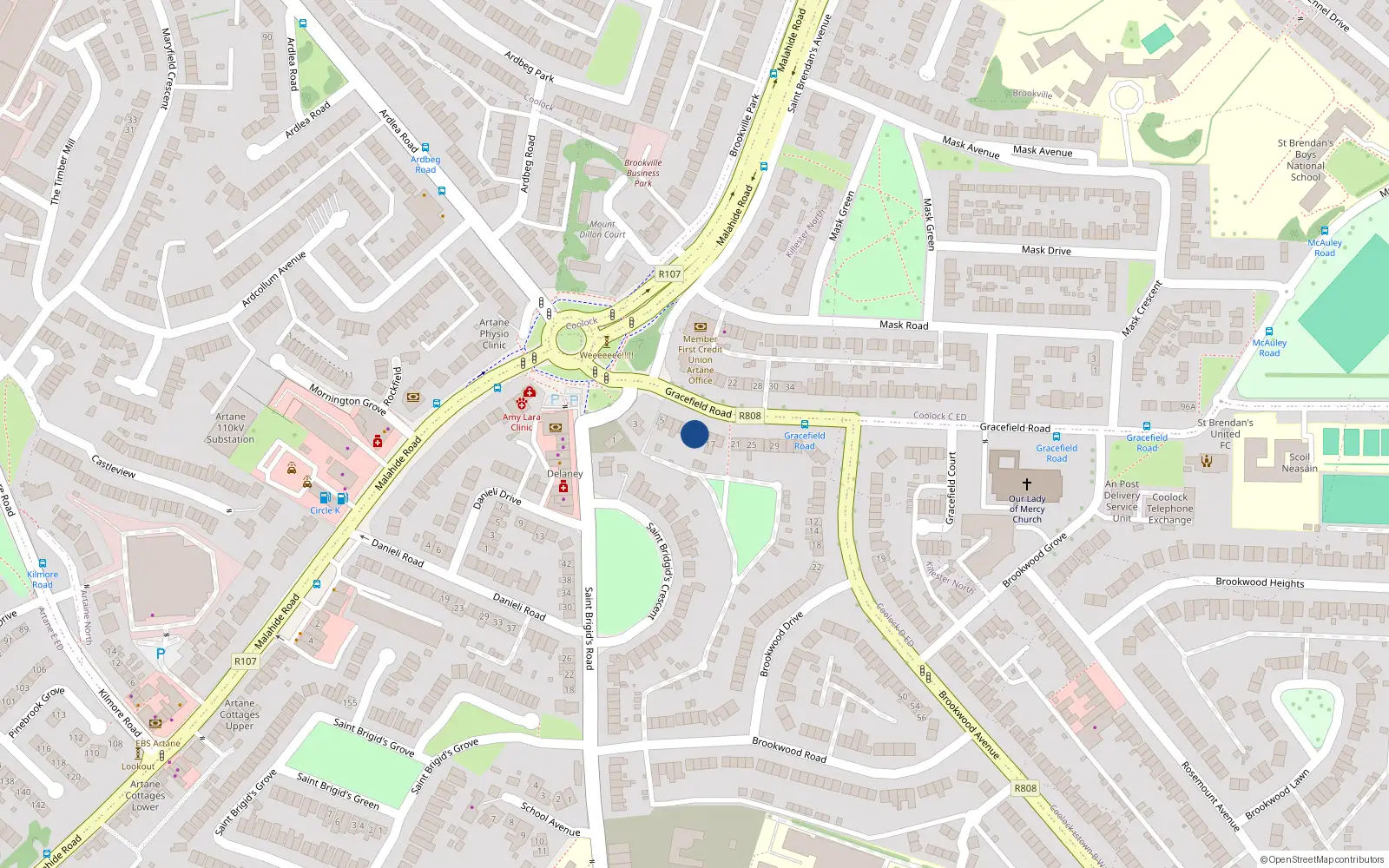 Overhead map showing the location of 13 Gracefield Road, Dublin 5