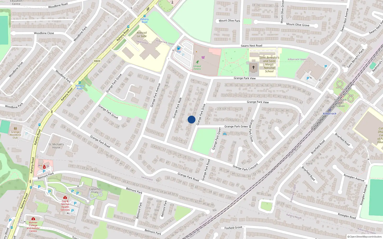 Overhead map showing the location of 13 Grange Park Drive, Raheny, Dublin 5