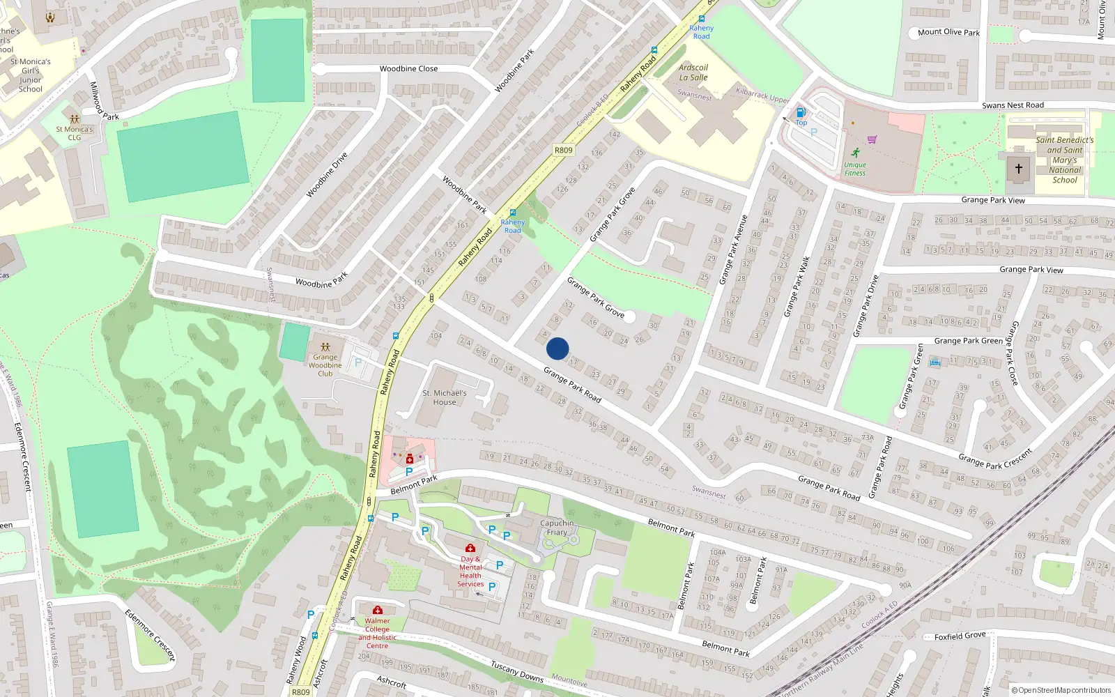 Overhead map showing the location of 13 Grange Park Road, Dublin 5