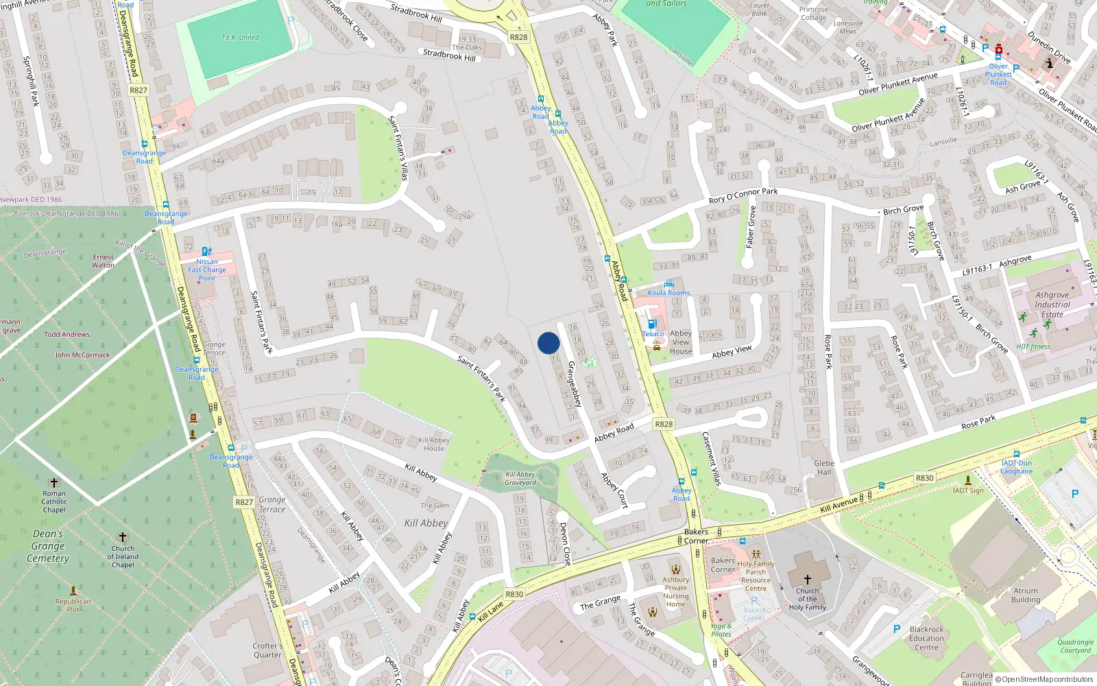 Overhead map showing the location of 13 Grangeabbey, Blackrock