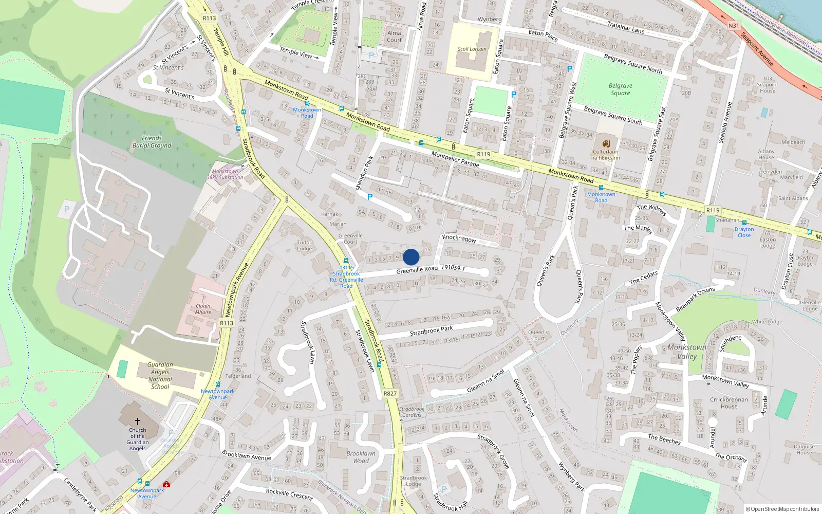Overhead map showing the location of 13 Greenville Road, Blackrock, Dublin