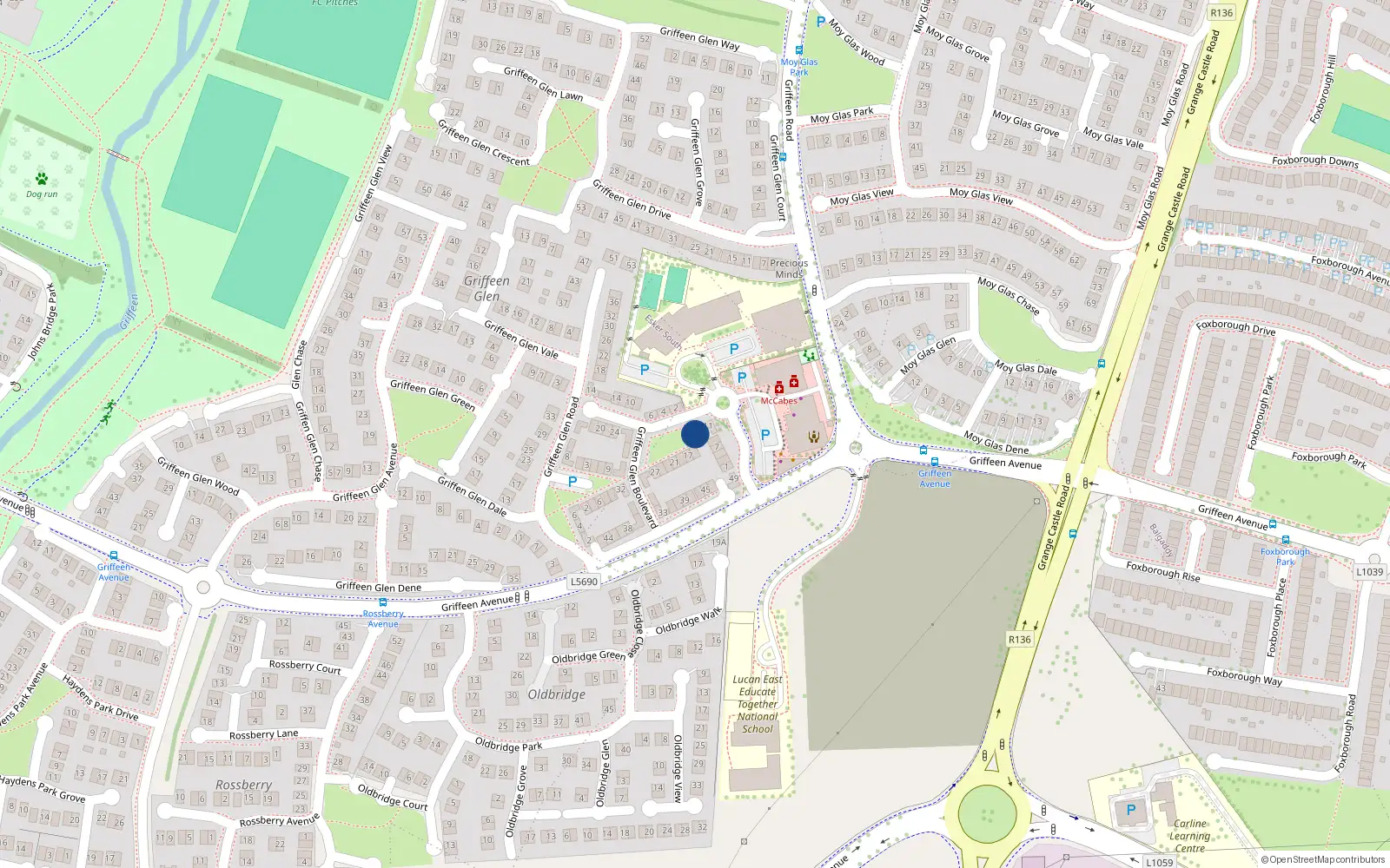 Overhead map showing the location of 13 Griffeen Glen Boulevard, Lucan