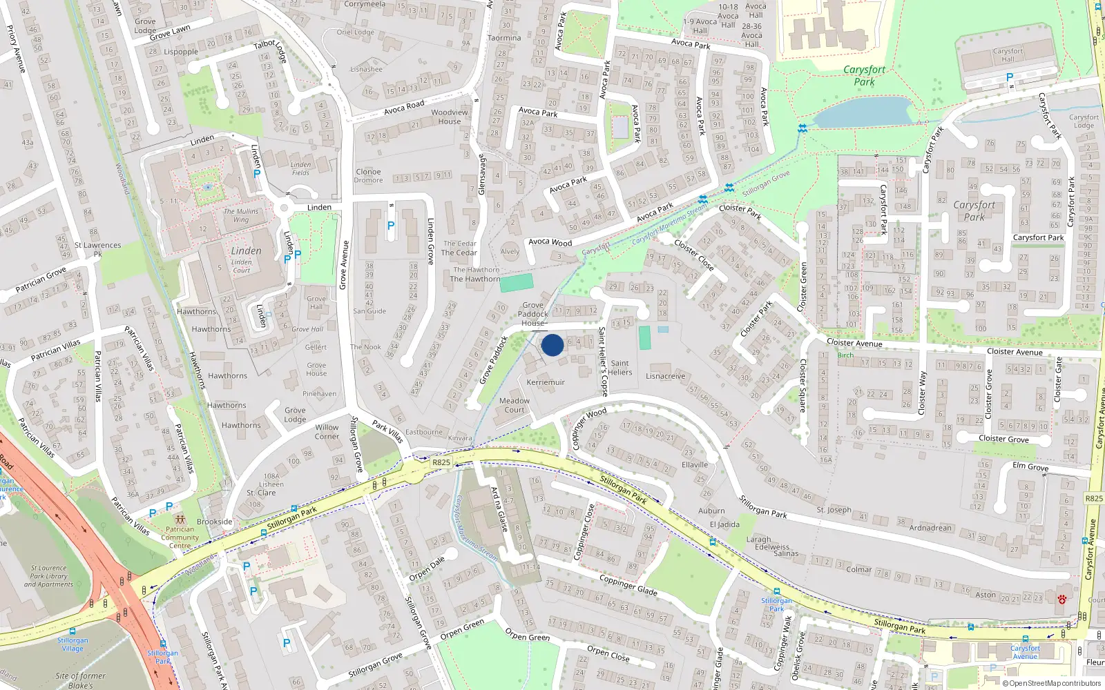 Overhead map showing the location of 13 Grove Paddock, Blackrock