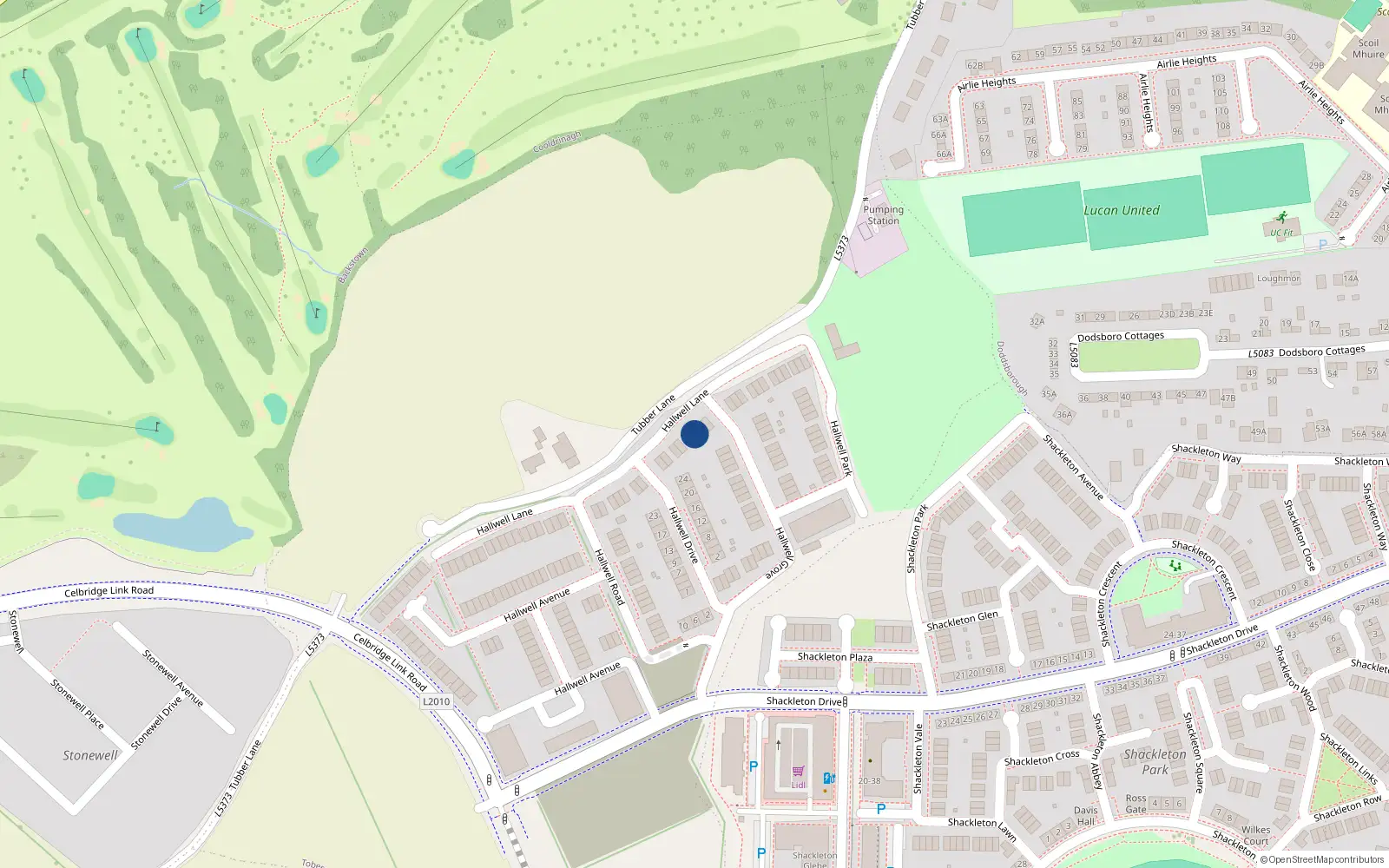 Overhead map showing the location of 13 Hallwell Lane, Lucan
