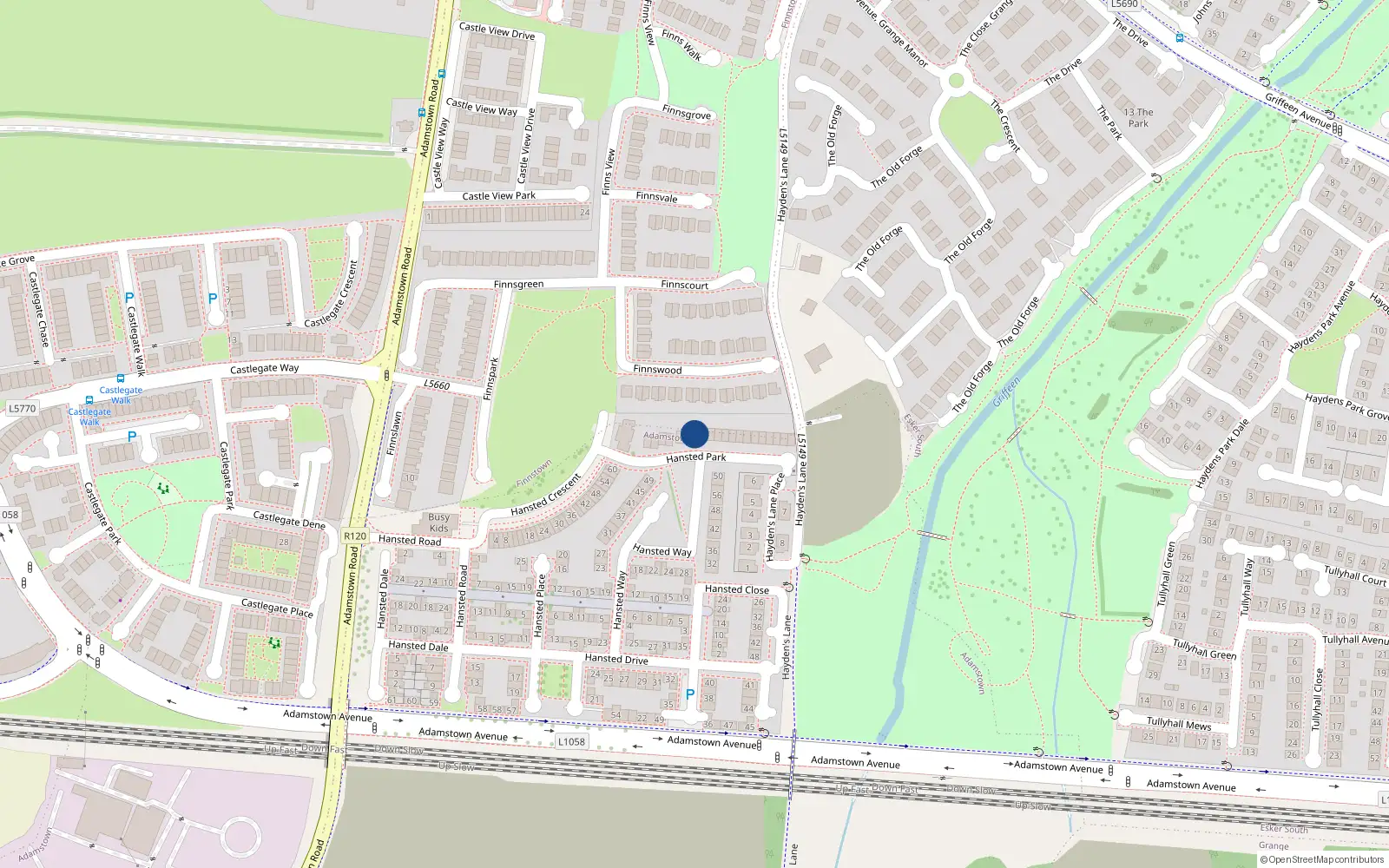 Overhead map showing the location of 13 Hansted Park, Lucan