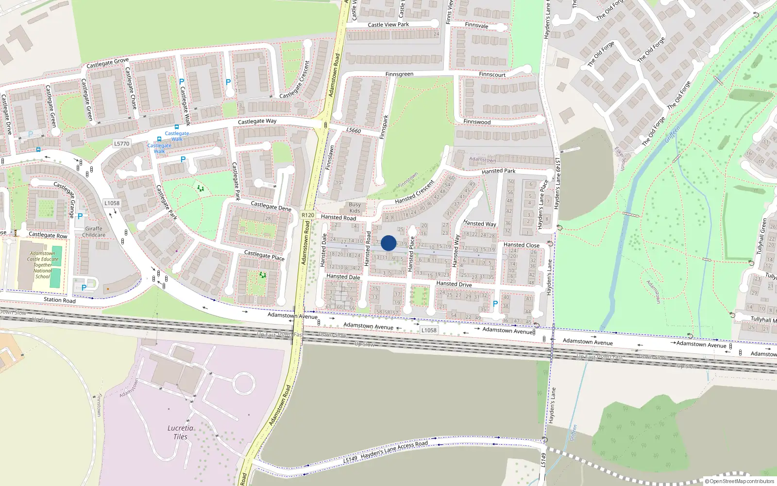 Overhead map showing the location of 13 Hansted Place, Lucan