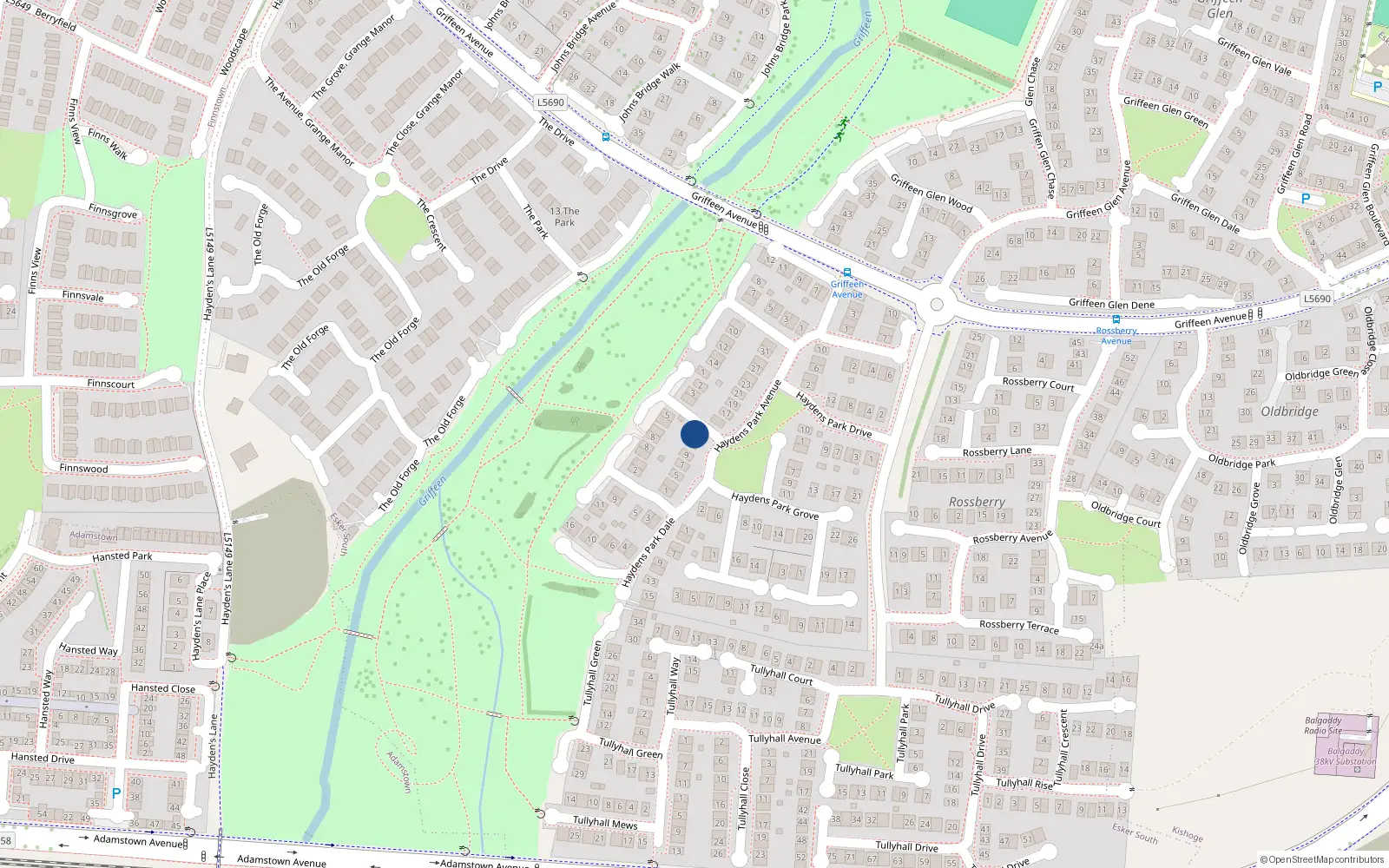 Overhead map showing the location of 13 Haydens Park Avenue, Lucan