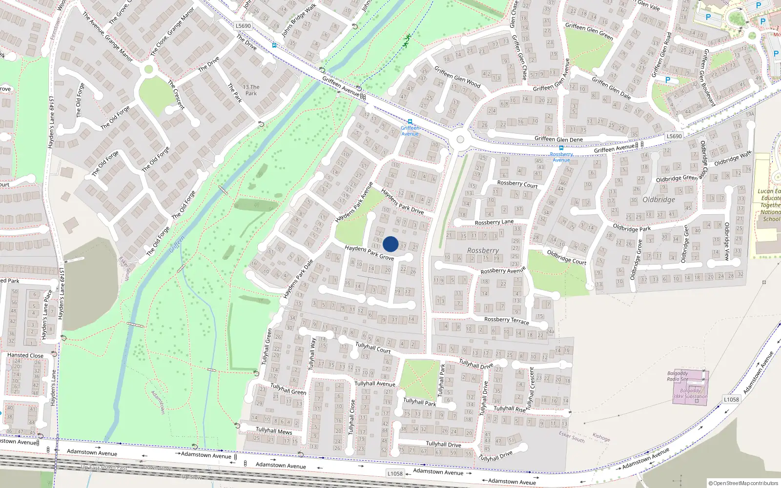 Overhead map showing the location of 13 Haydens Park Grove, Lucan, Dublin