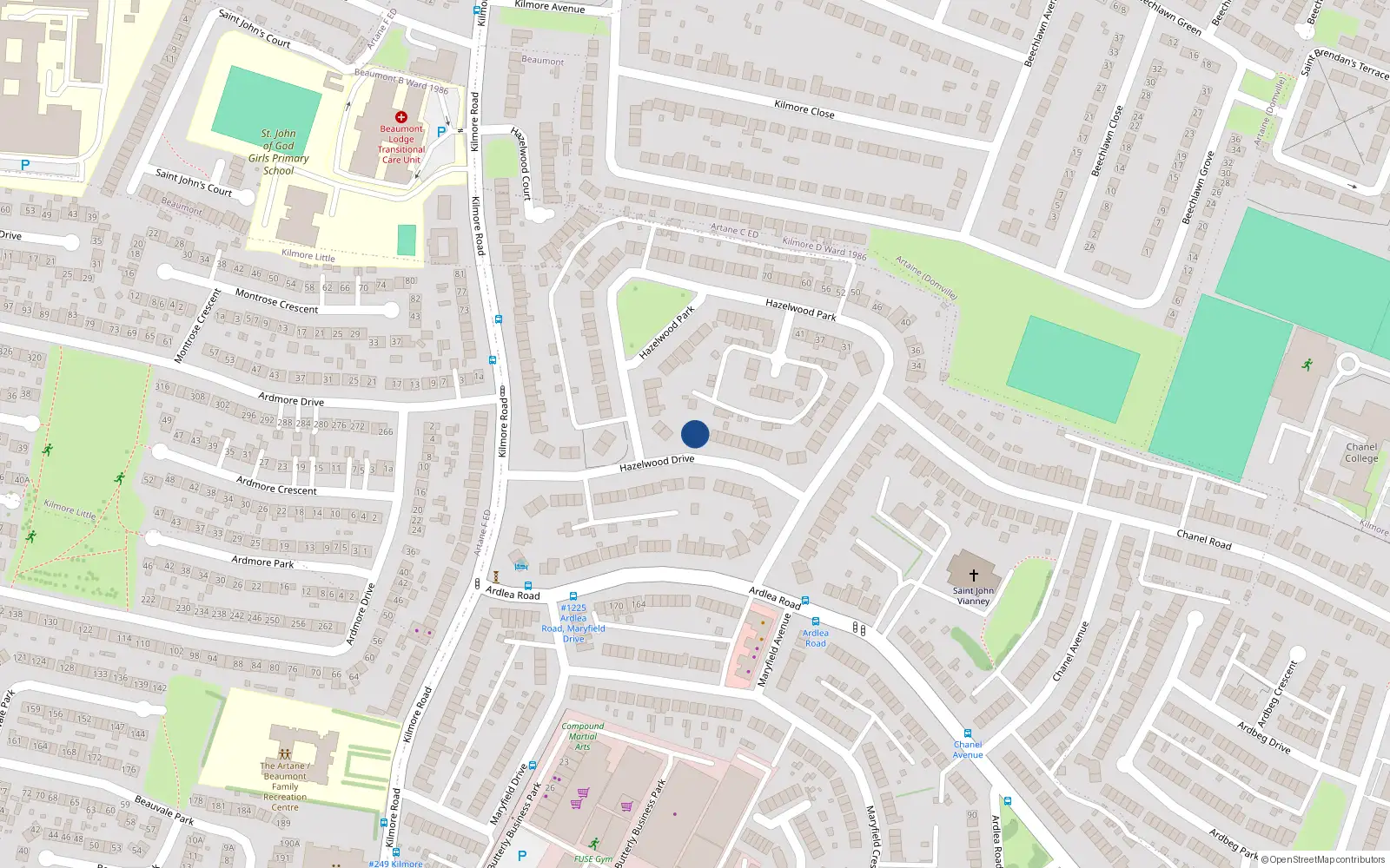 Overhead map showing the location of 13 Hazelwood Drive, Artane, Dublin 5