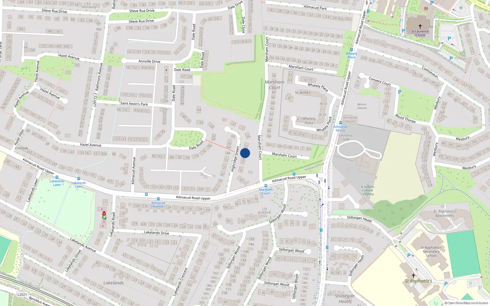 Overhead map showing the location of 13 Highridge Green, Stillorgan, Dublin