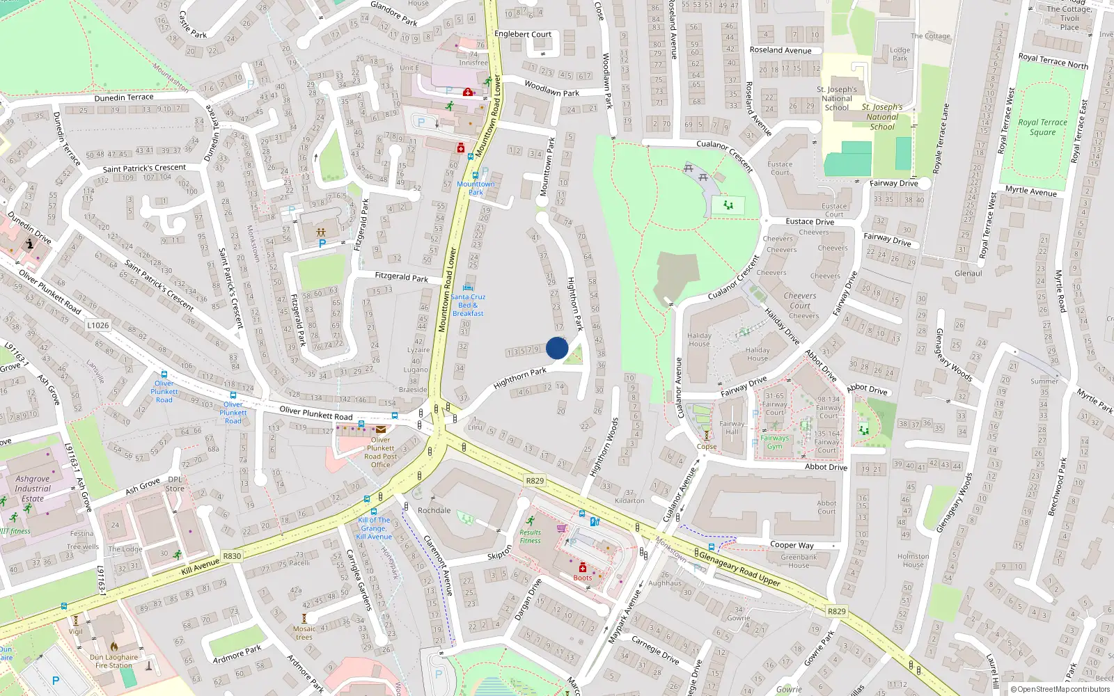 Overhead map showing the location of 13 Highthorn Park, Dun Laoghaire, Dublin