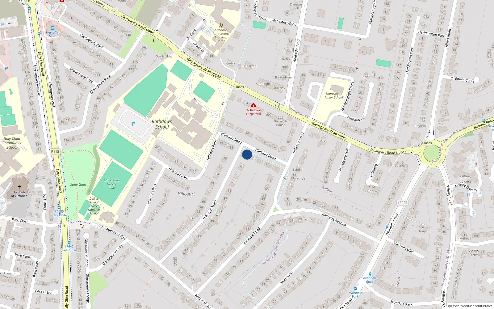 Overhead map showing the location of 13 Hillcourt Road, Dublin