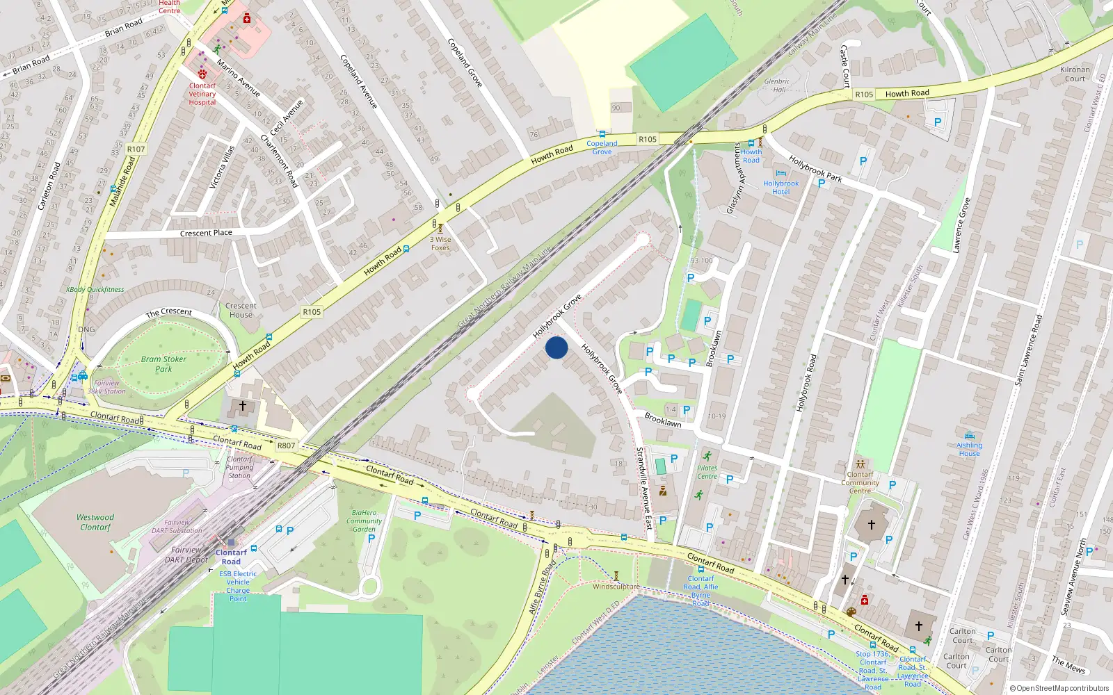Overhead map showing the location of 13 Hollybrook Grove, Clontarf, Dublin 3