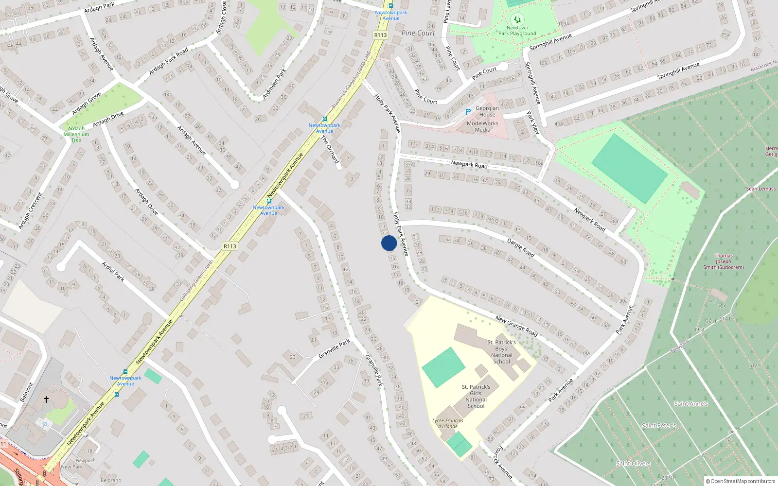 Overhead map showing the location of 13 Holly Park Avenue, Blackrock