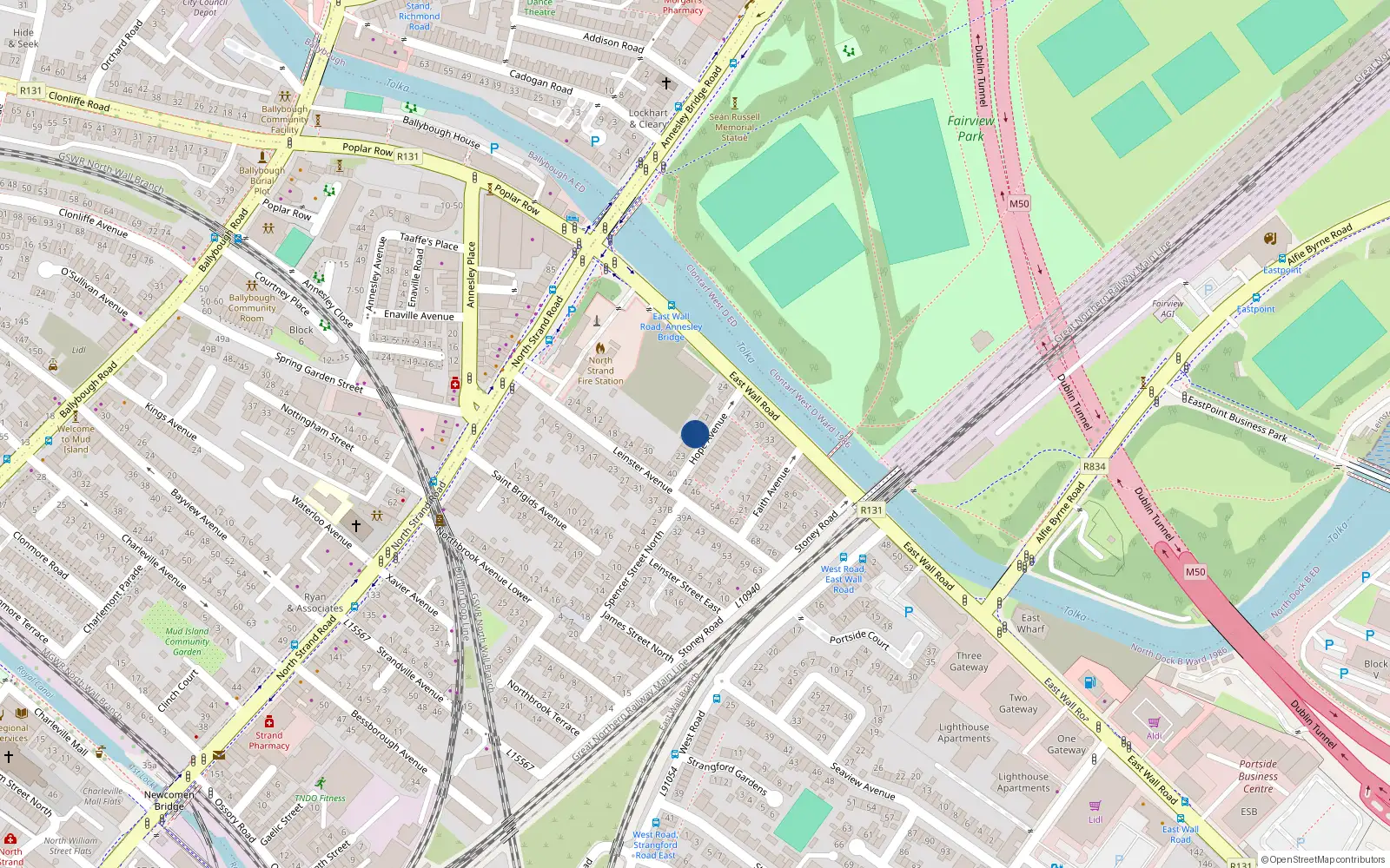 Overhead map showing the location of 13 Hope Avenue, North Strand, Dublin 3