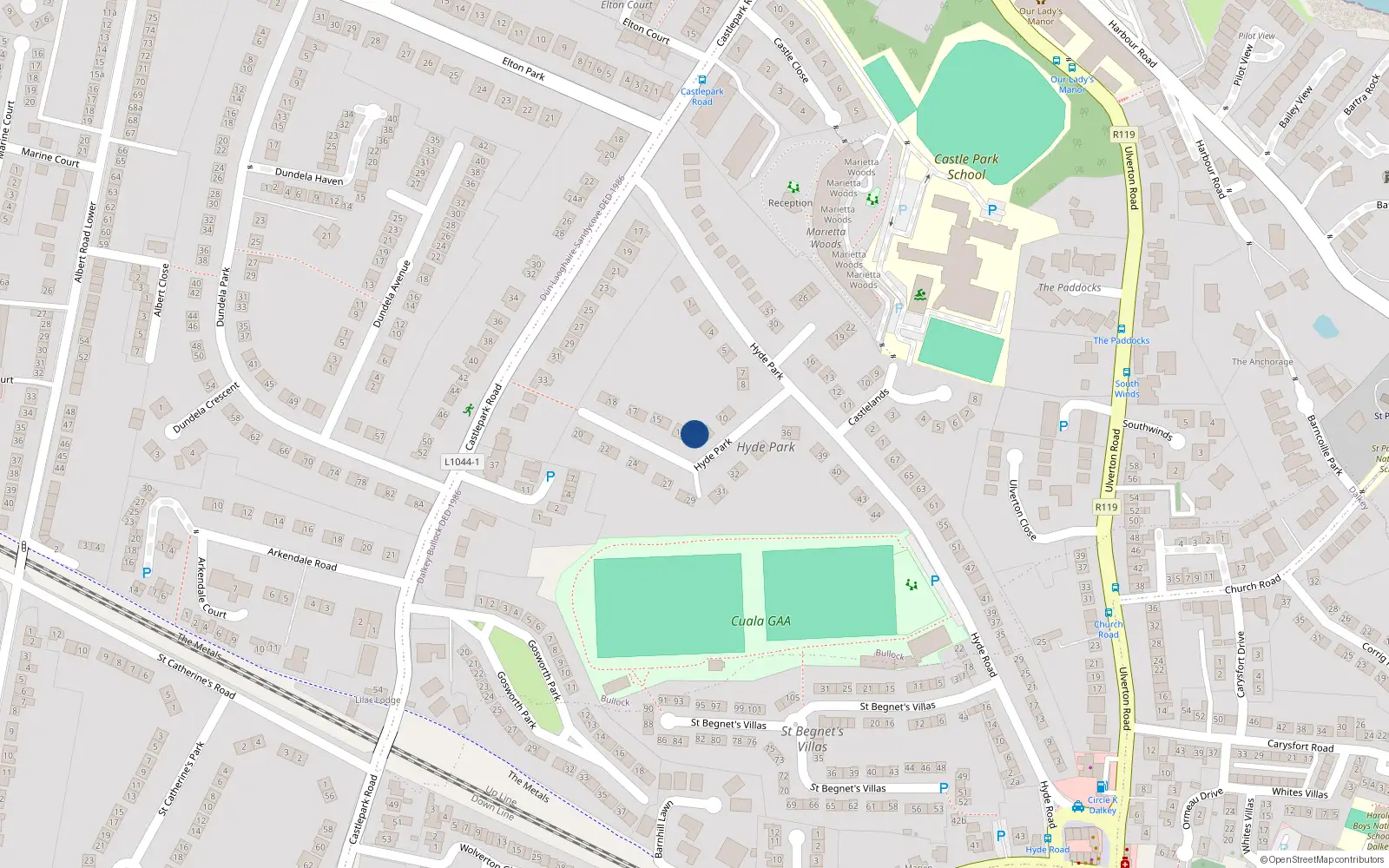 Overhead map showing the location of 13 Hyde Park, Dalkey