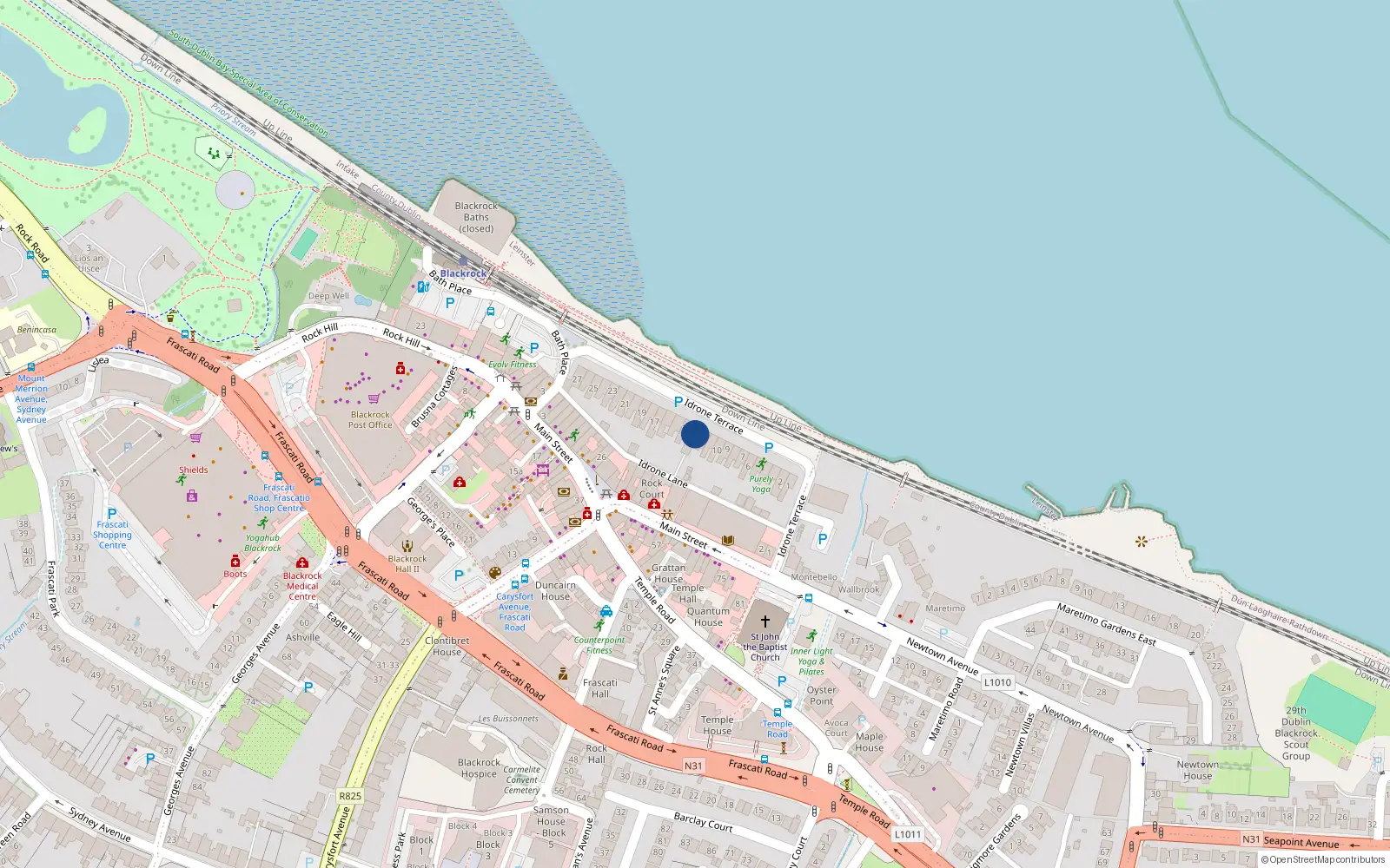 Overhead map showing the location of 13 Idrone Terrace, Blackrock, Dublin