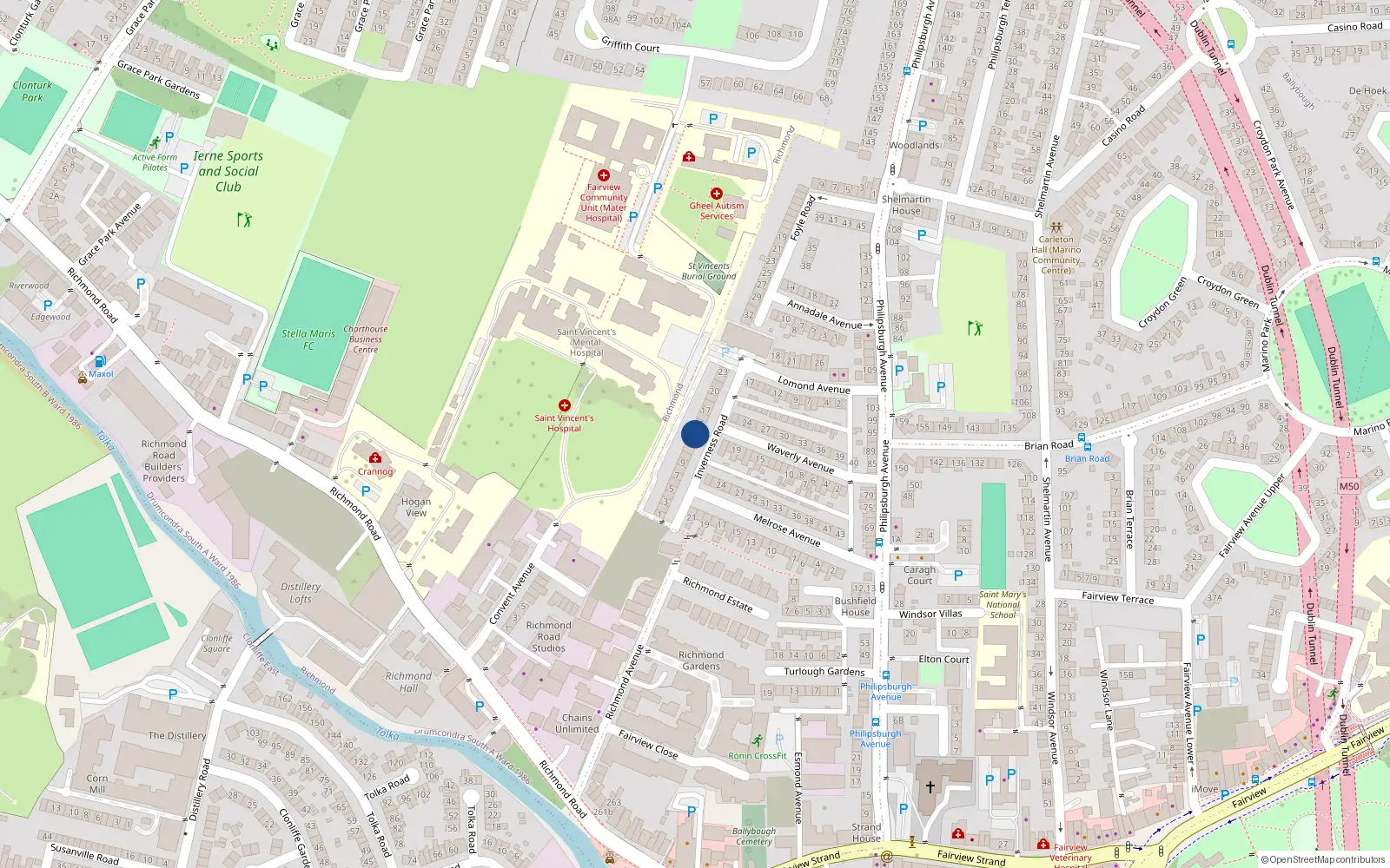 Overhead map showing the location of 13 Inverness Road, Fairview, Dublin