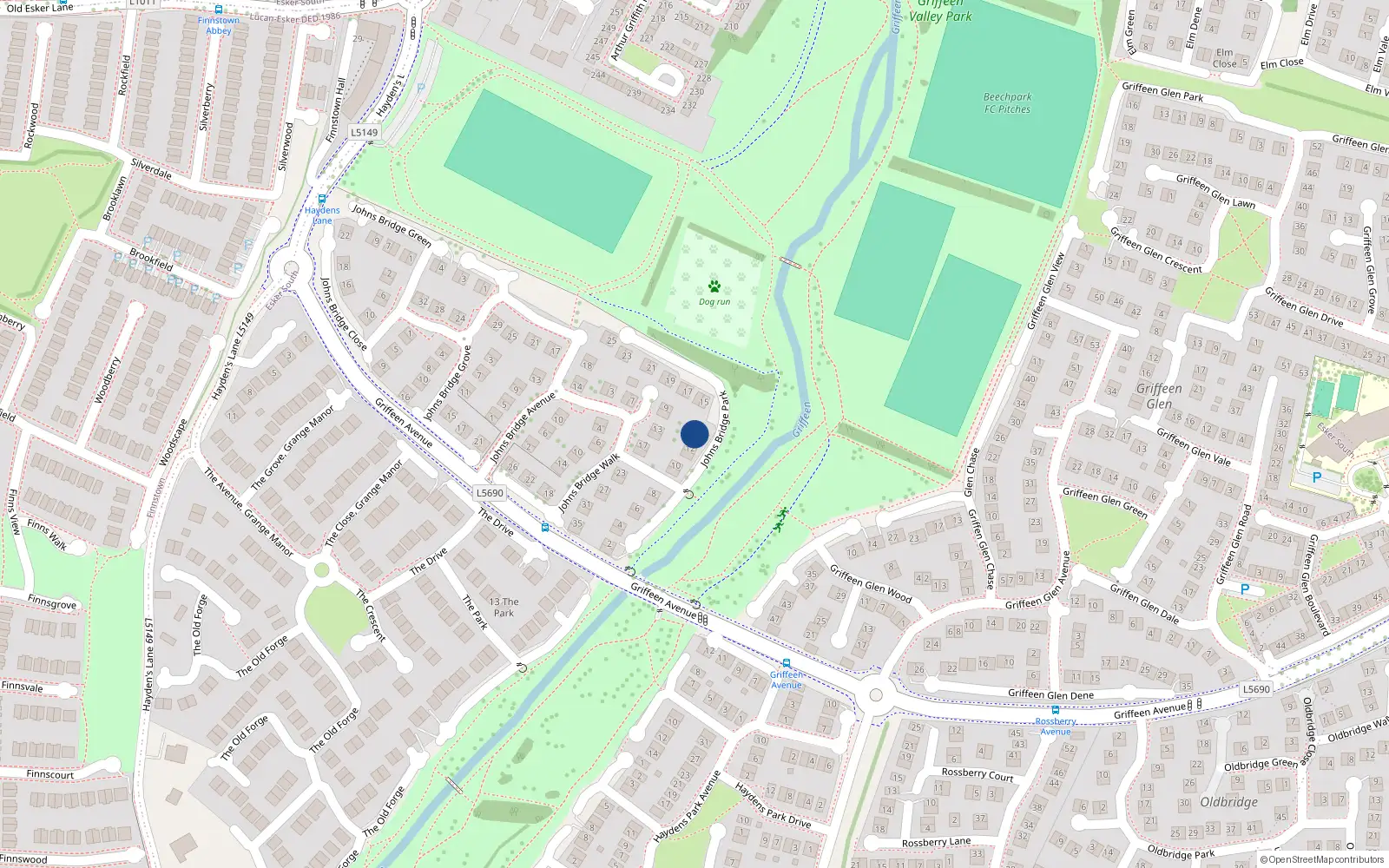 Overhead map showing the location of 13 Johnsbridge Park, Lucan