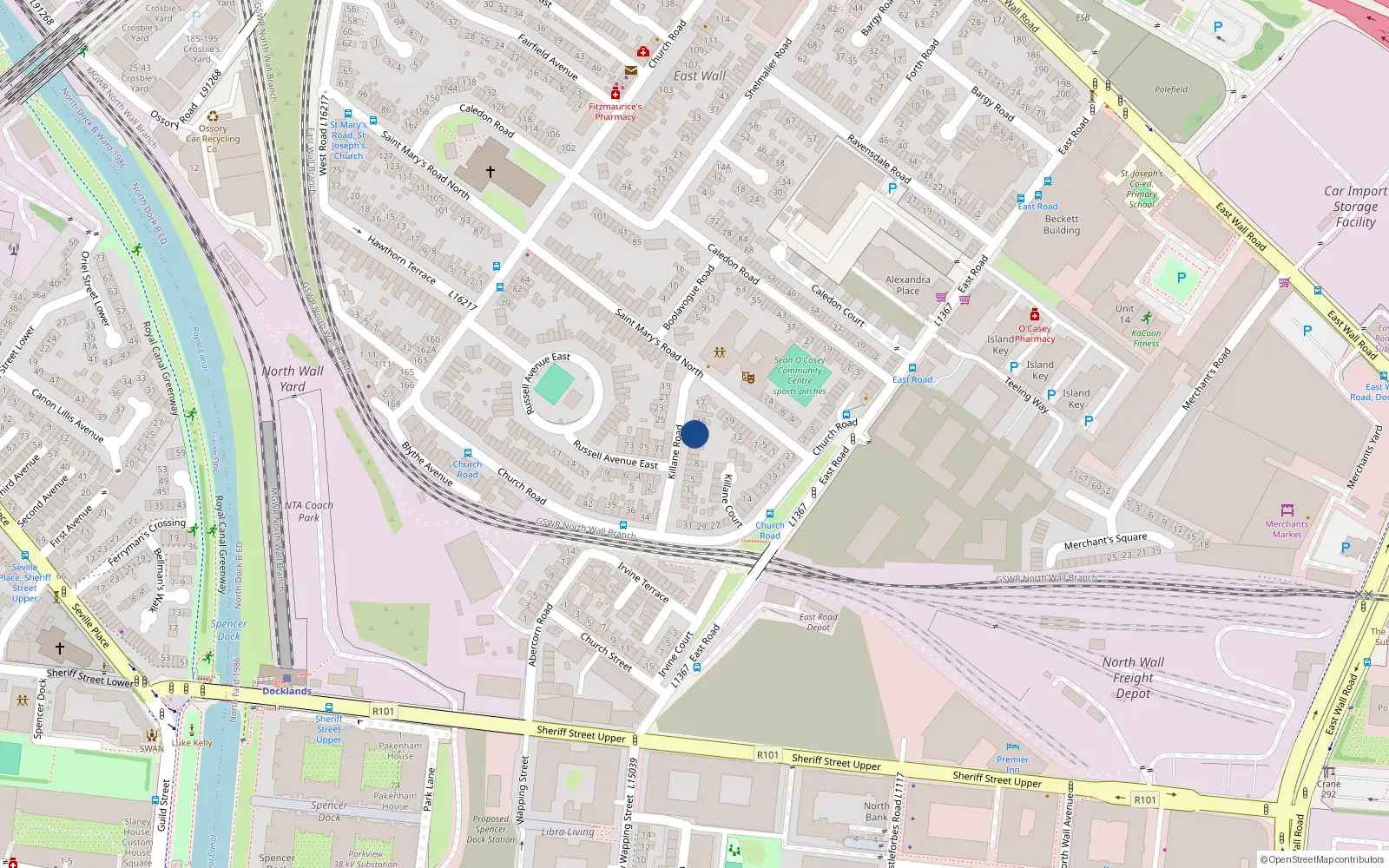 Overhead map showing the location of 13 Killane Road, East Wall, Dublin 3