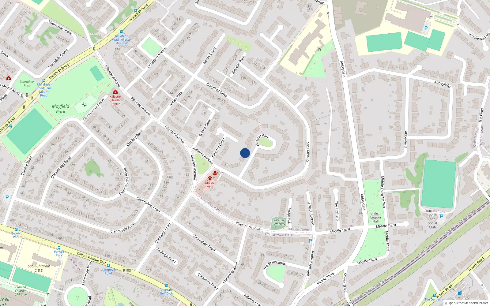 Overhead map showing the location of 13 Killester Park, Dublin 5
