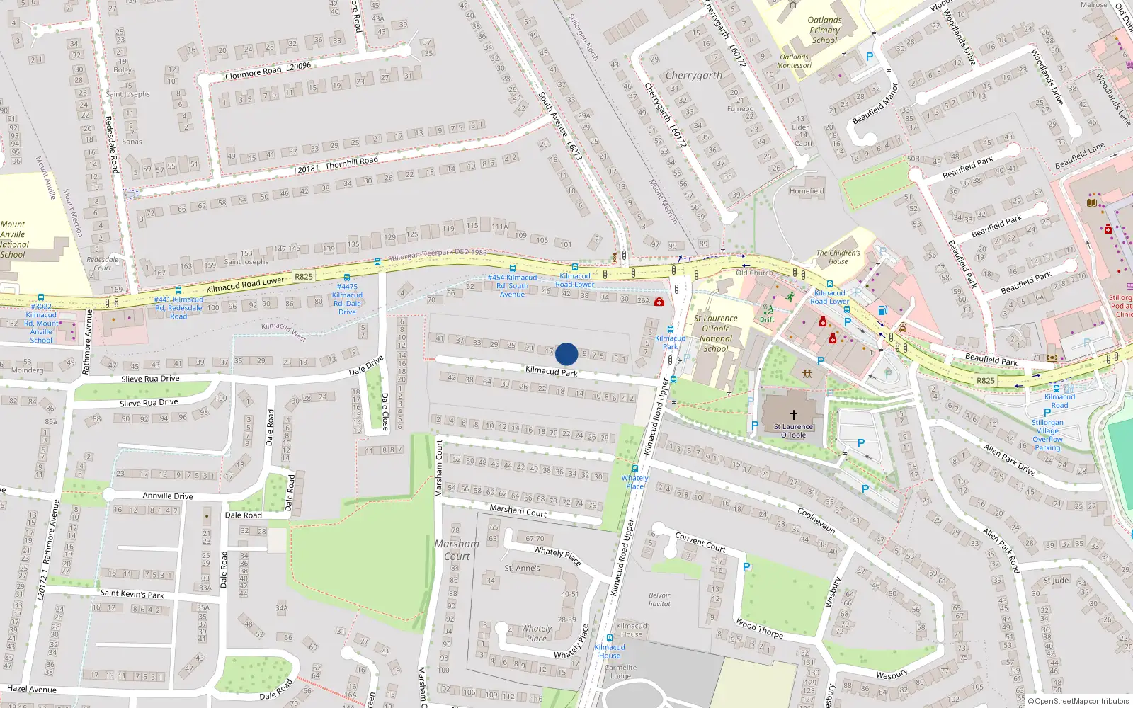 Overhead map showing the location of 13 Kilmacud Park, Stillorgan, Dublin