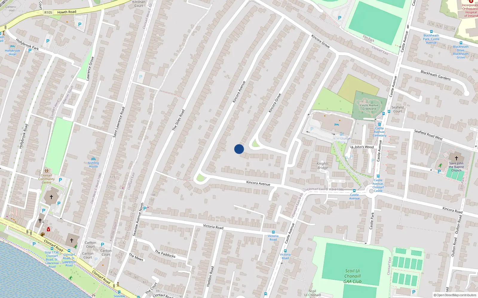 Overhead map showing the location of 13 Kincora Drive, Dublin 3