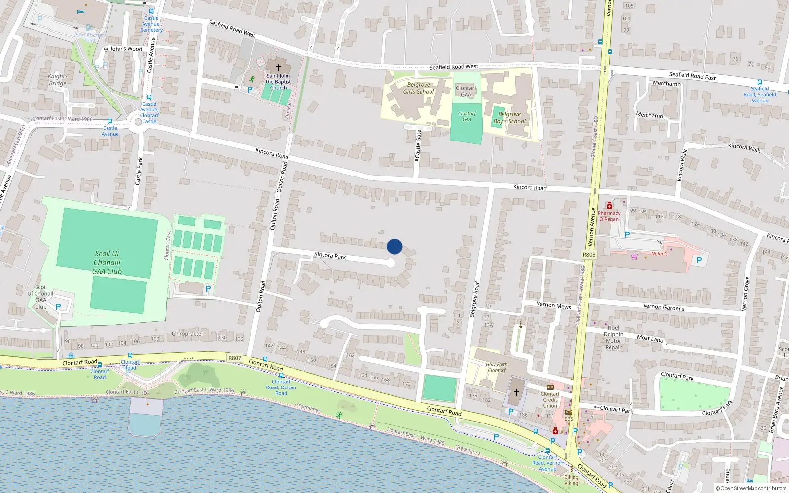 Overhead map showing the location of 13 Kincora Park, Clontarf, Dublin 3