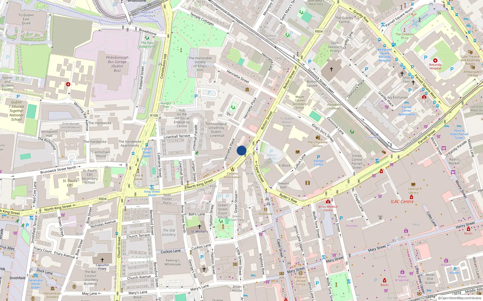 Overhead map showing the location of 13 Kingsmill Court, Bolton Street, Dublin 1