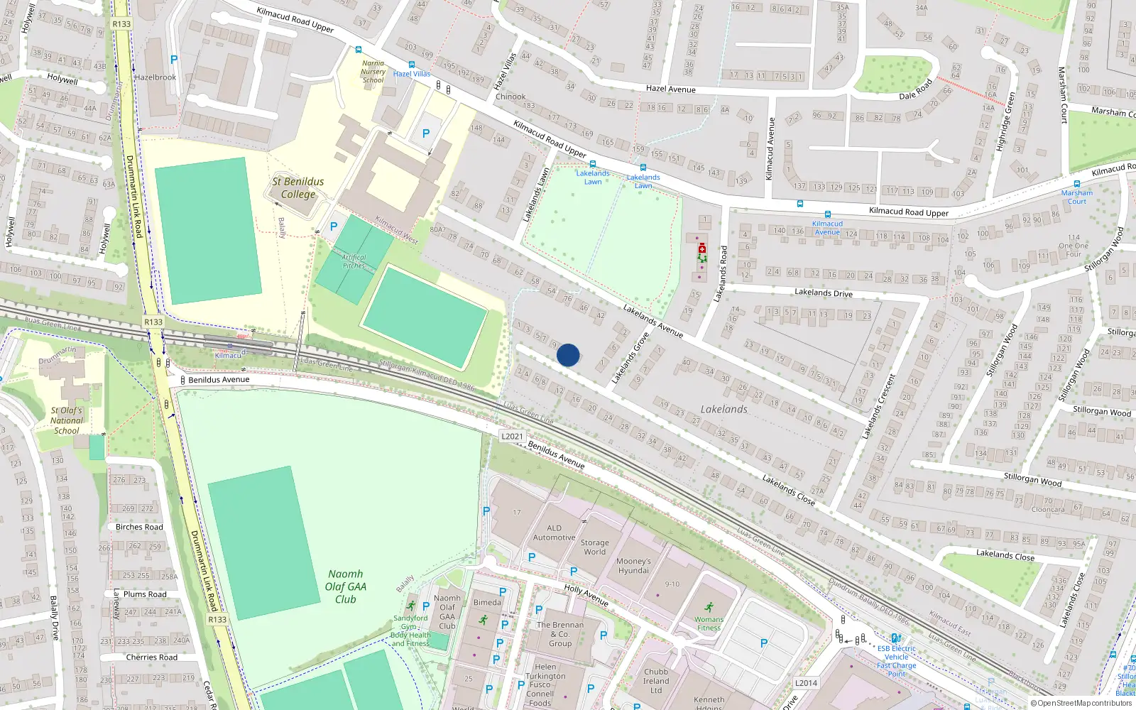 Overhead map showing the location of 13 Lakelands Close, Stillorgan, Dublin