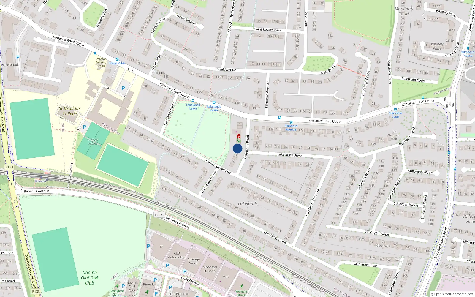 Overhead map showing the location of 13 Lakelands Road, Stillorgan