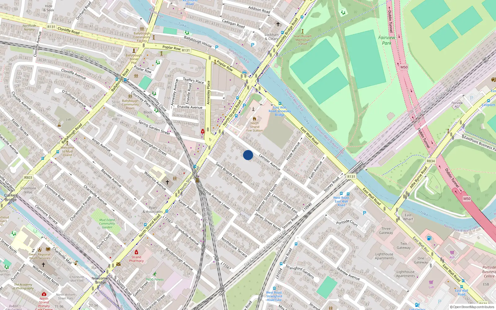 Overhead map showing the location of 13 Leinster Avenue, North Strand, Dublin 3