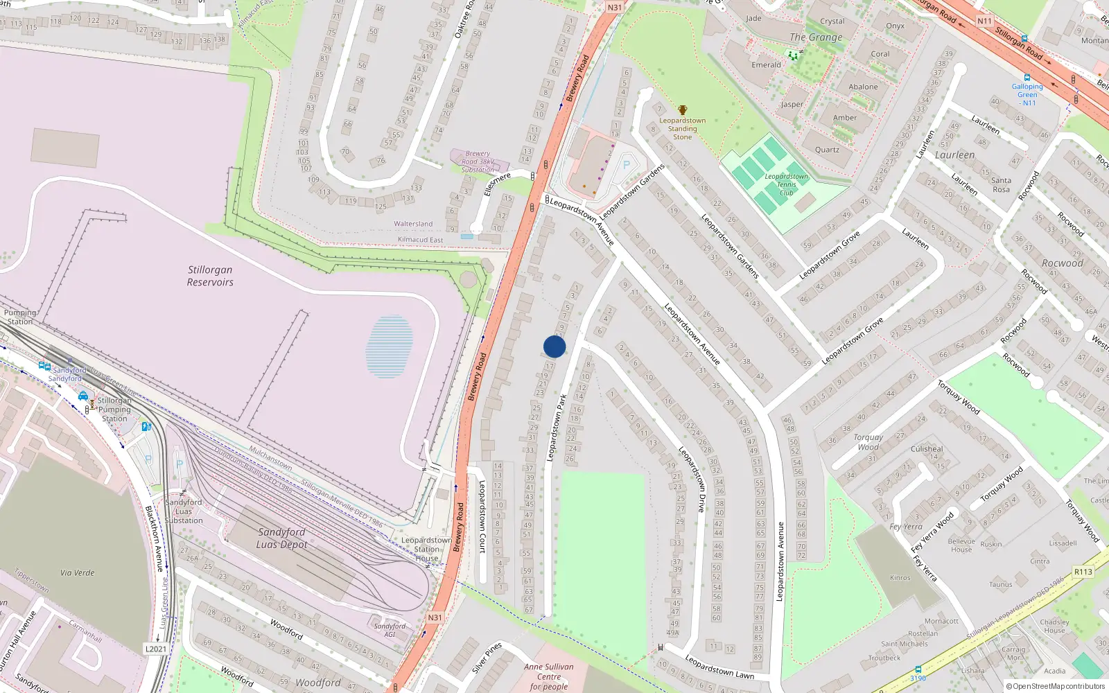 Overhead map showing the location of 13 Leopardstown Park, Blackrock, Dublin