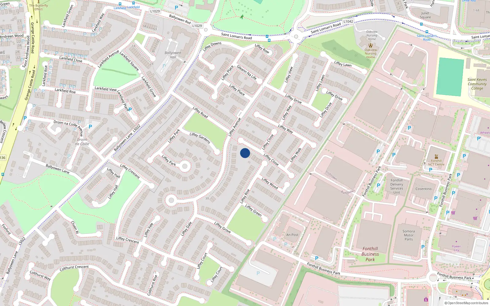 Overhead map showing the location of 13 Liffey Close, Lucan