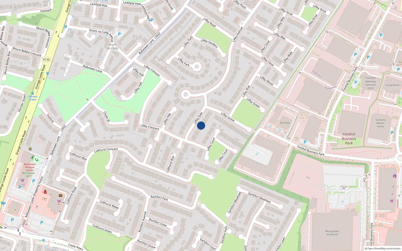 Overhead map showing the location of 13 Liffey Dale, Lucan