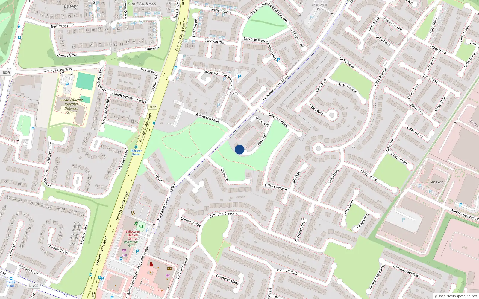 Overhead map showing the location of 13 Liffey Hall, Liffey Valley Park, Lucan