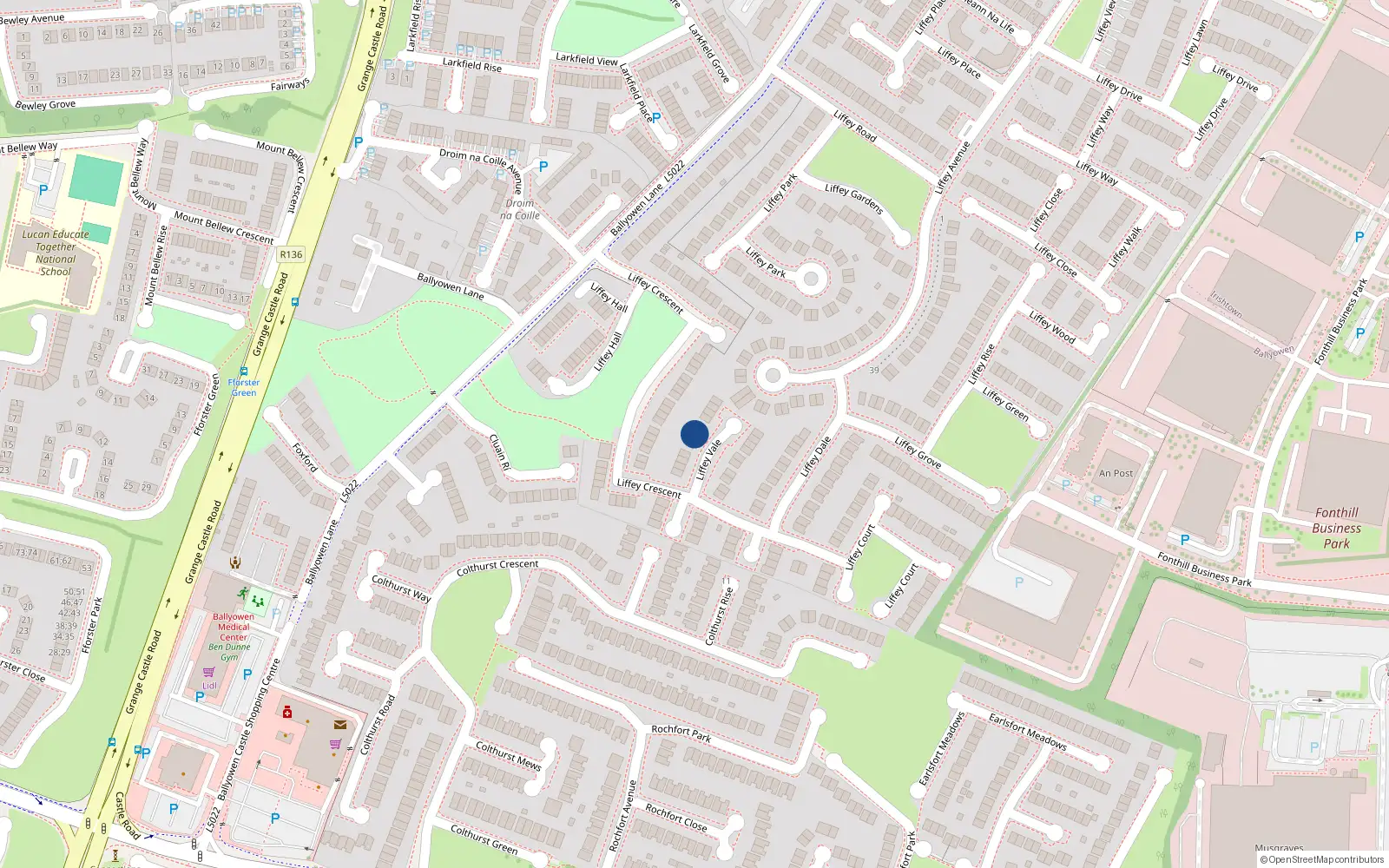 Overhead map showing the location of 13 Liffey Vale, Lucan