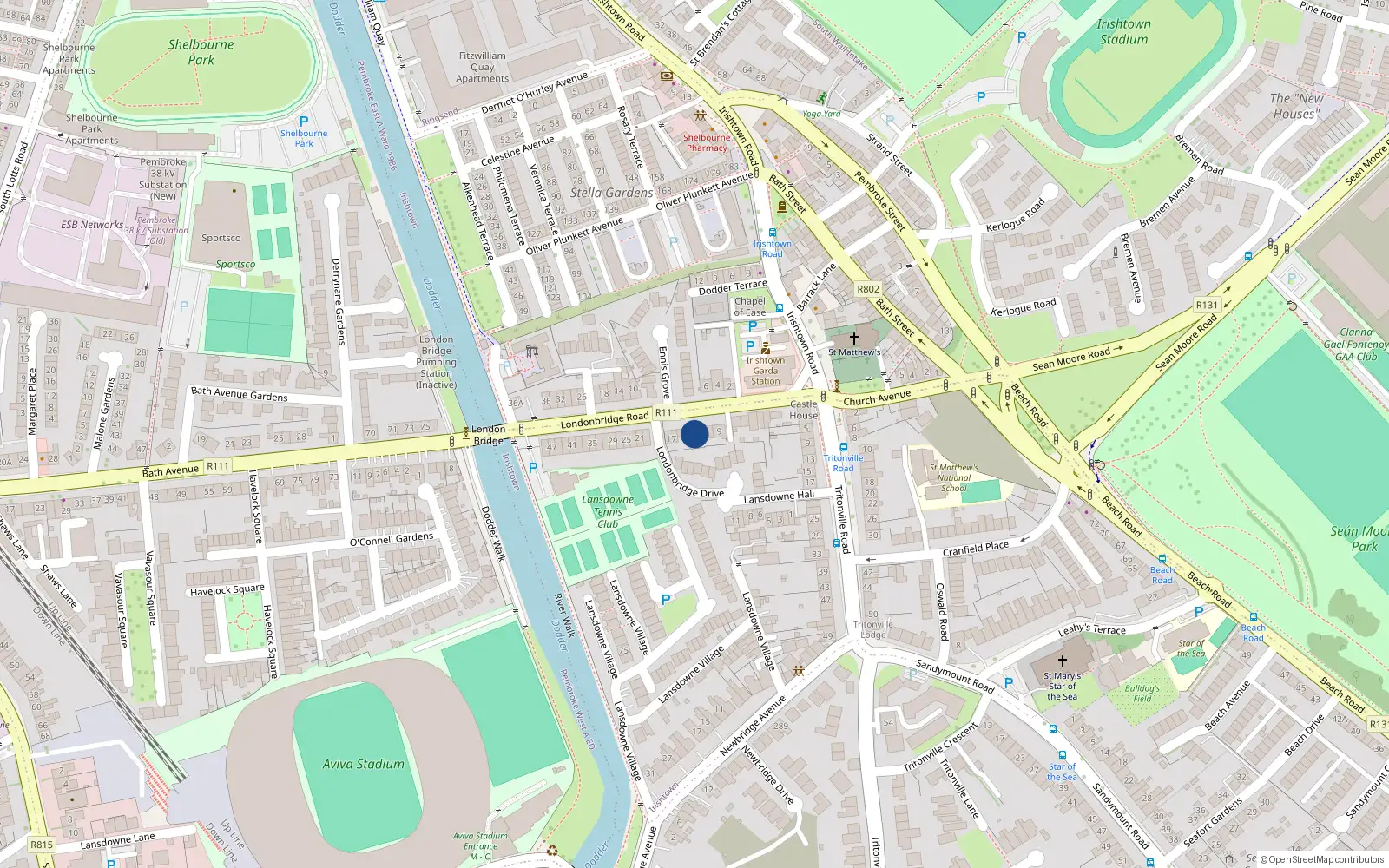 Overhead map showing the location of 13 Londonbridge Road, Irishtown