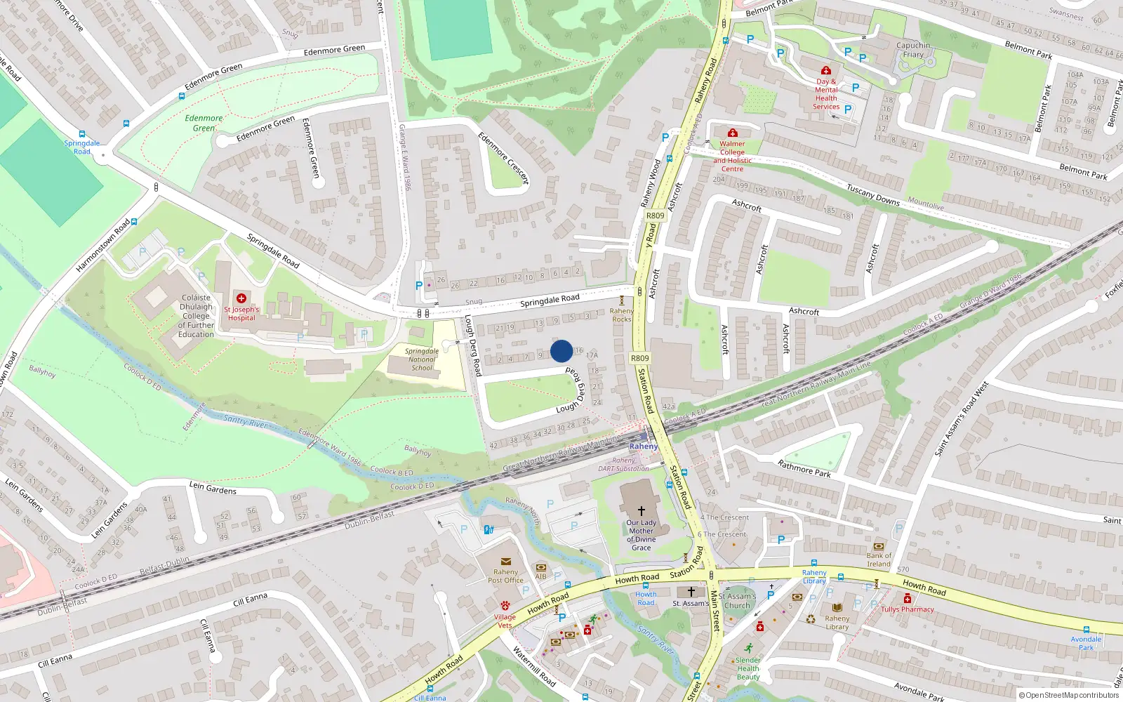 Overhead map showing the location of 13 Lough Derg Road, Dublin 5