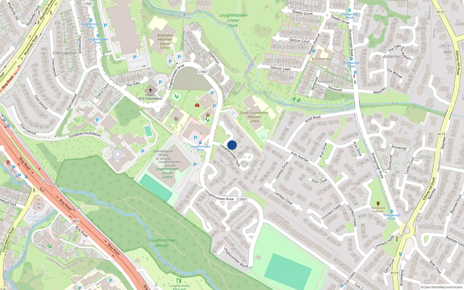 Overhead map showing the location of 13 Loughlinstown Park, County Dublin