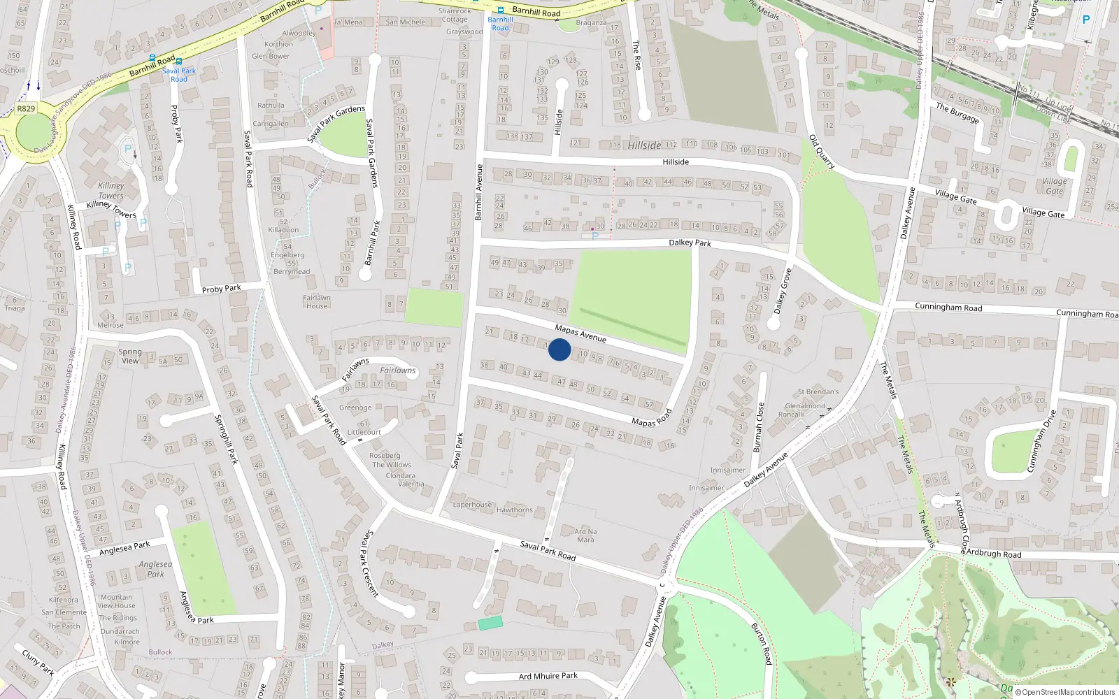 Overhead map showing the location of 13 Mapas Avenue, Dalkey, Co Dublin