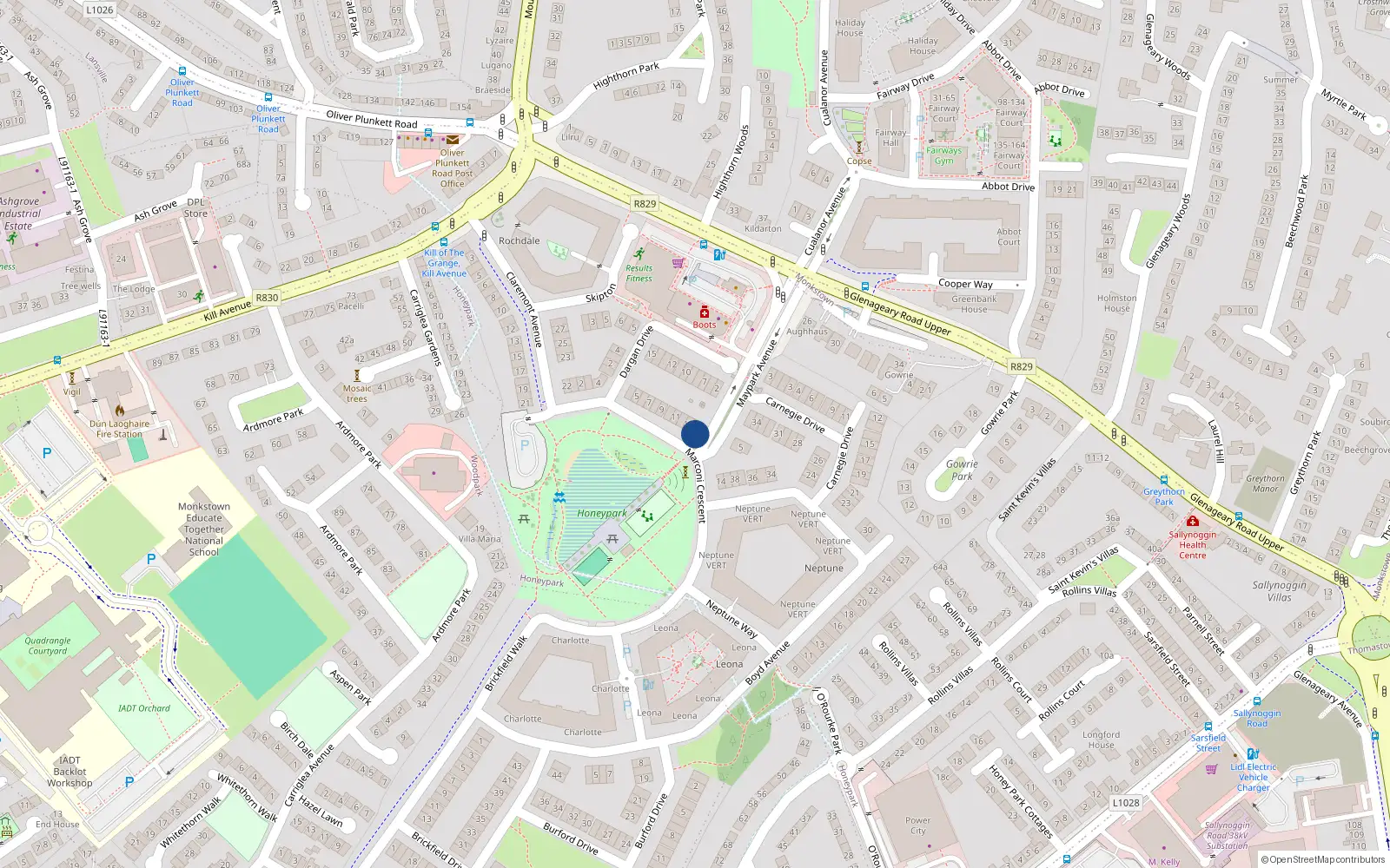 Overhead map showing the location of 13 Marconi Crescent, Dún Laoghaire