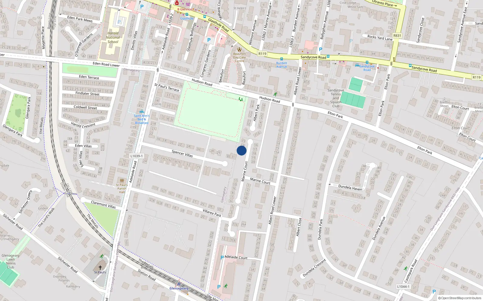 Overhead map showing the location of 13 Marine Court, Albert Road Lower, Sandycove