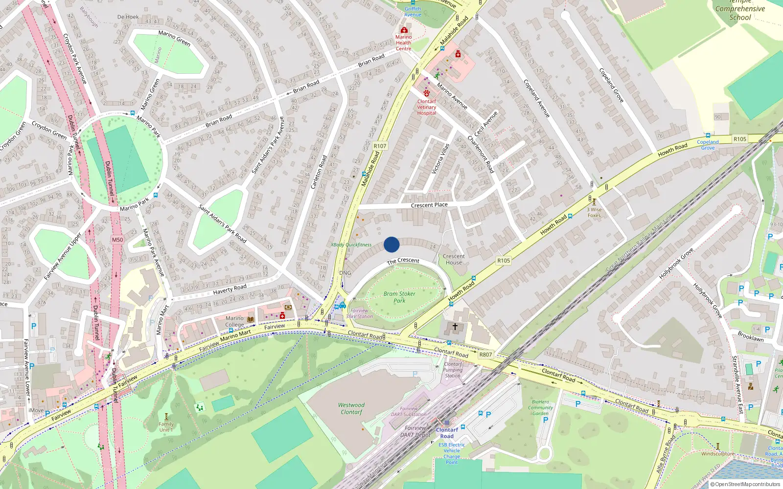 Overhead map showing the location of 13 Marino Crescent, Dublin 3